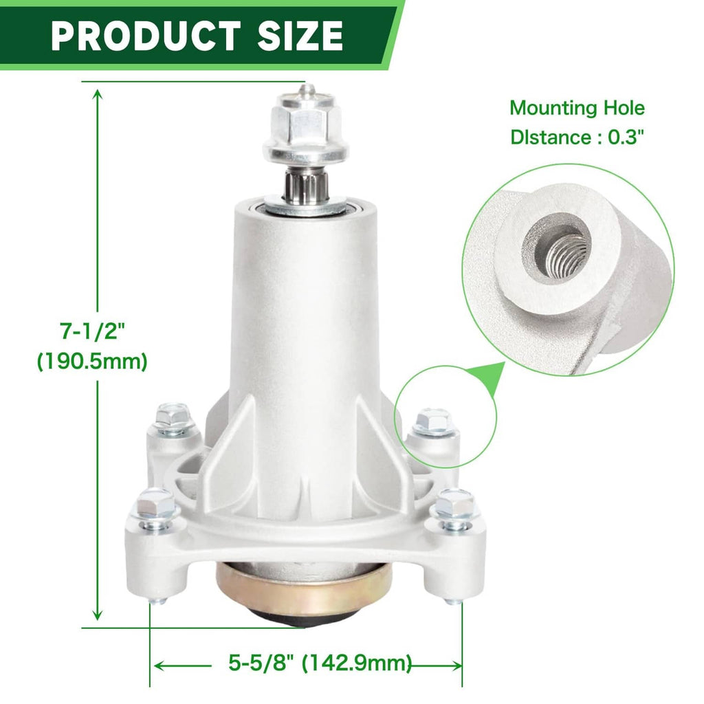 White mower spindle with mounting holes and dimension markings diagram