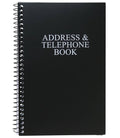 Black address & telephone book with metal spiral binding and front cover label