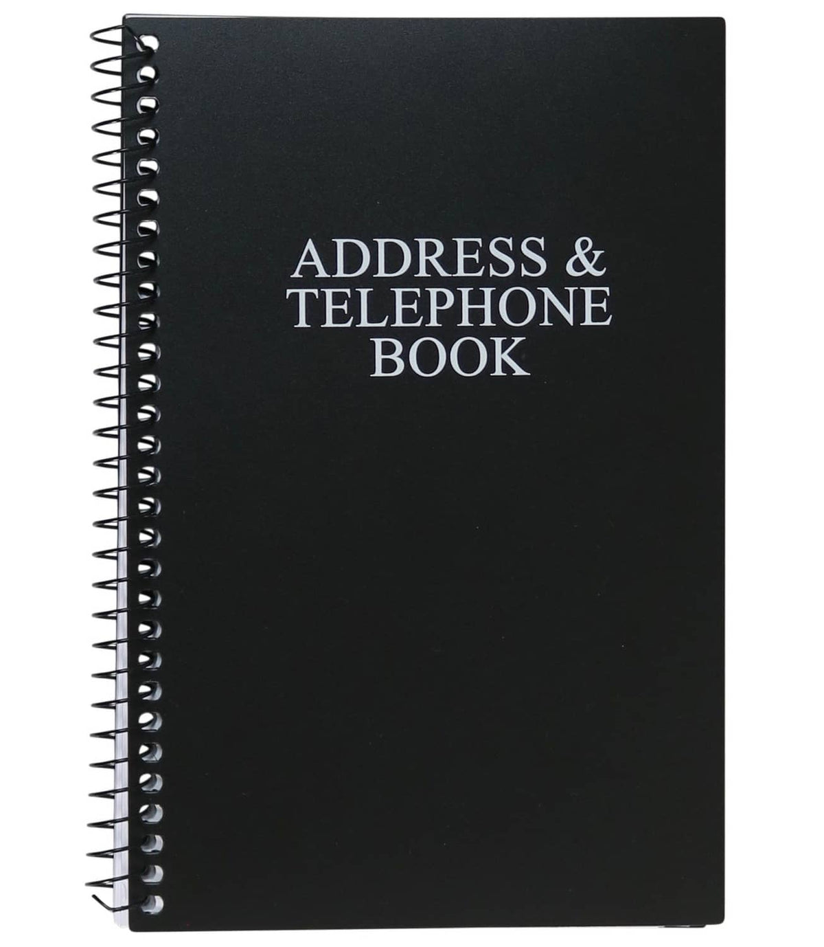 Black address & telephone book with metal spiral binding and front cover label