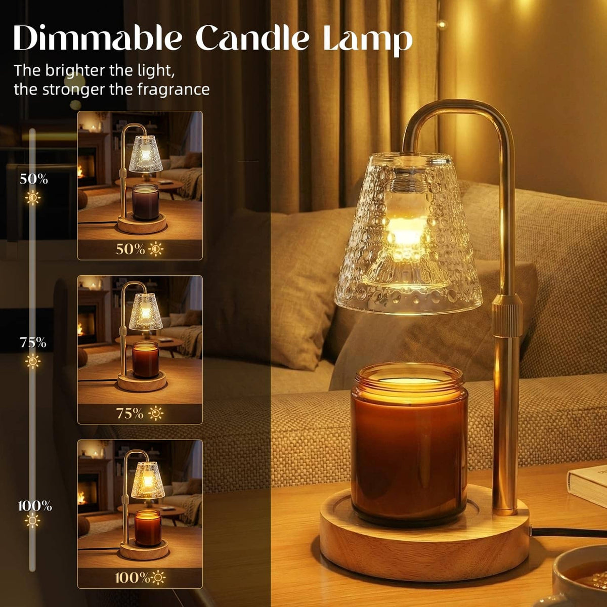 Dimmable candle warmer lamp with gold frame, clear glass shade, amber light