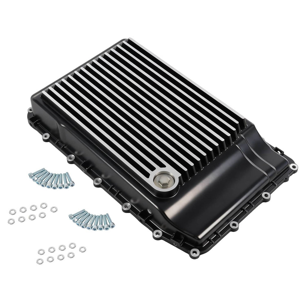 Black transmission pan with cooling fins, hex plug, and mounting hardware