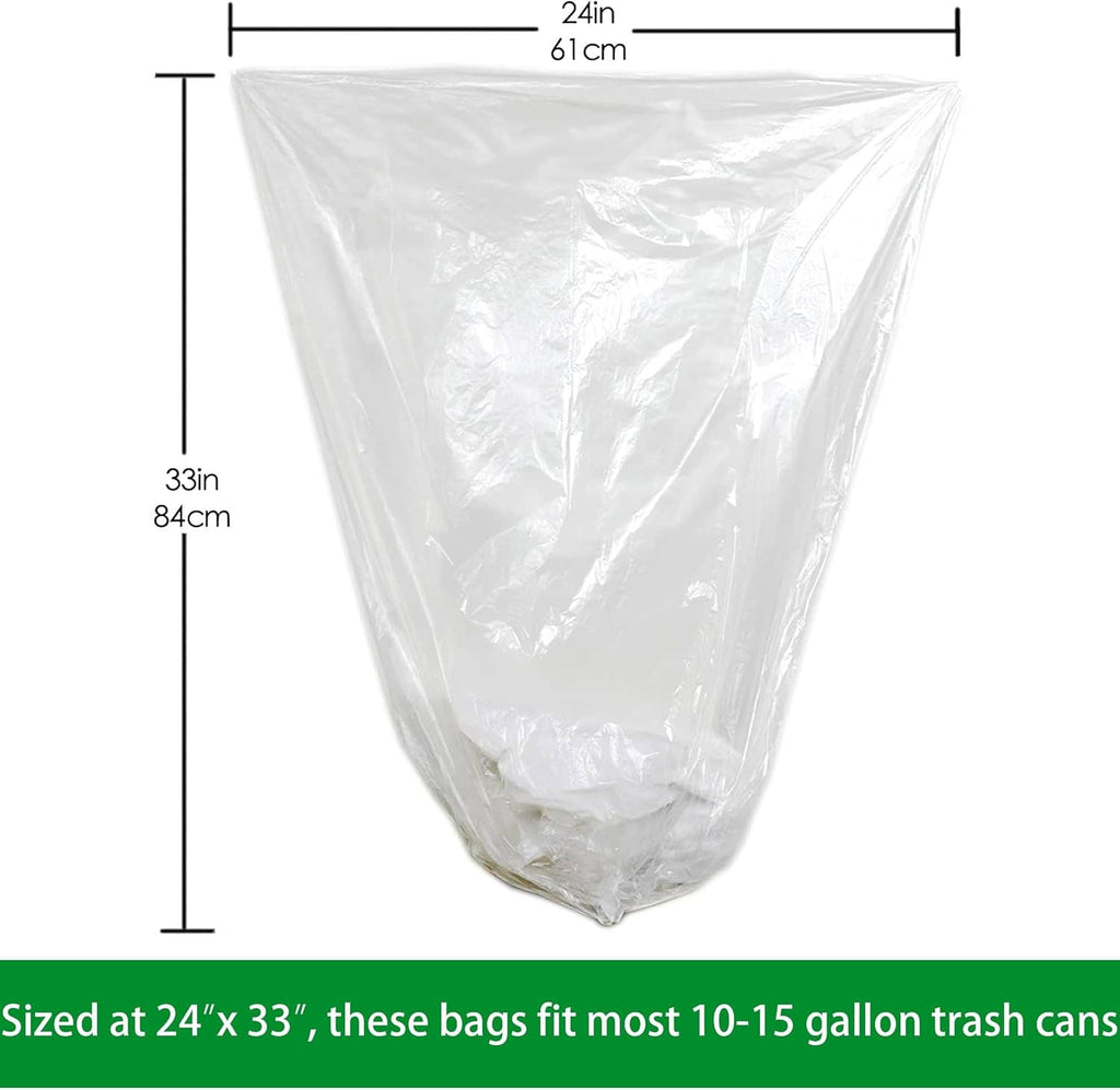 Clear 10–15 gallon trash can liner bag, open top with gathered base