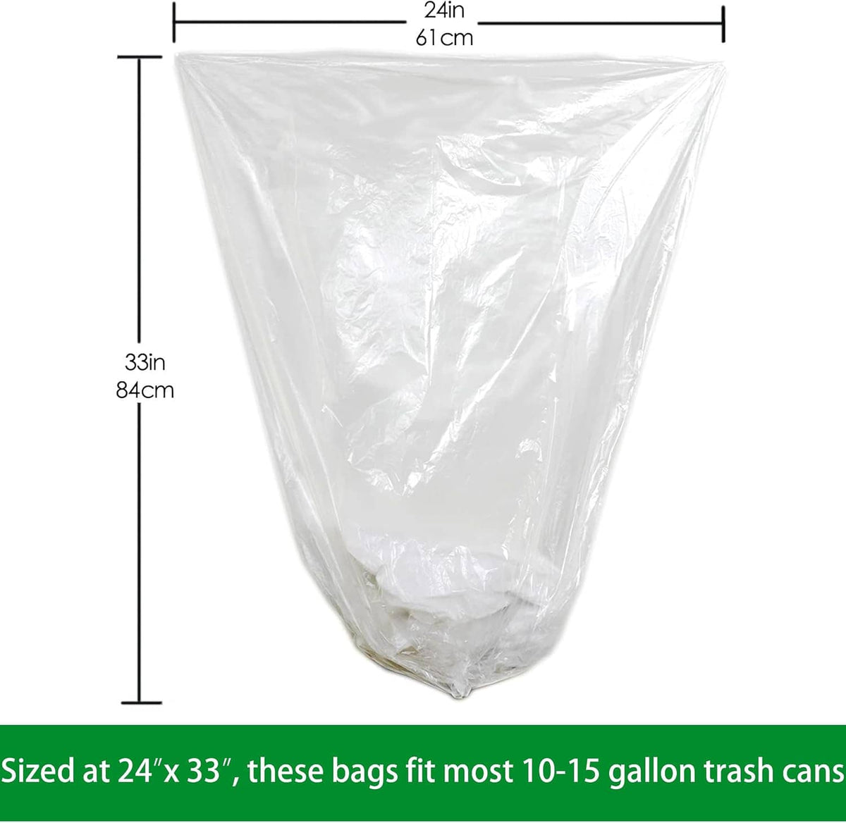 Clear 10–15 gallon trash can liner bag, open top with gathered base