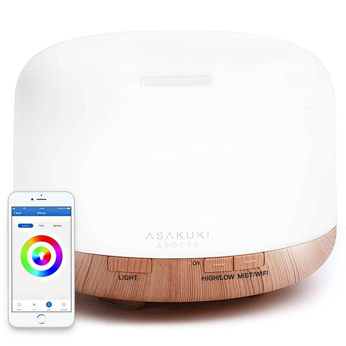 ASAKUKI smart essential oil diffuser with white top and light brown wood base, 500ml