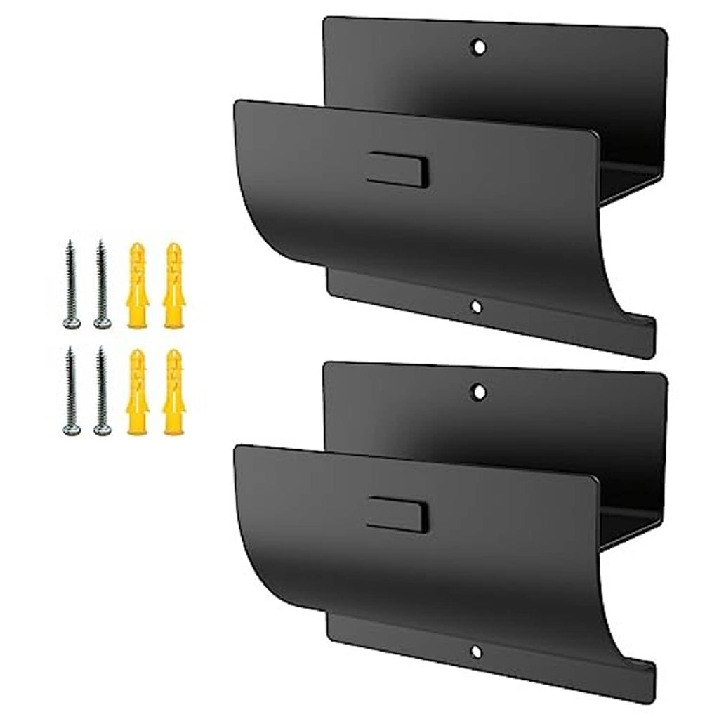 Pair of black wall-mount ladder hooks with mounting holes and rectangular latch slot