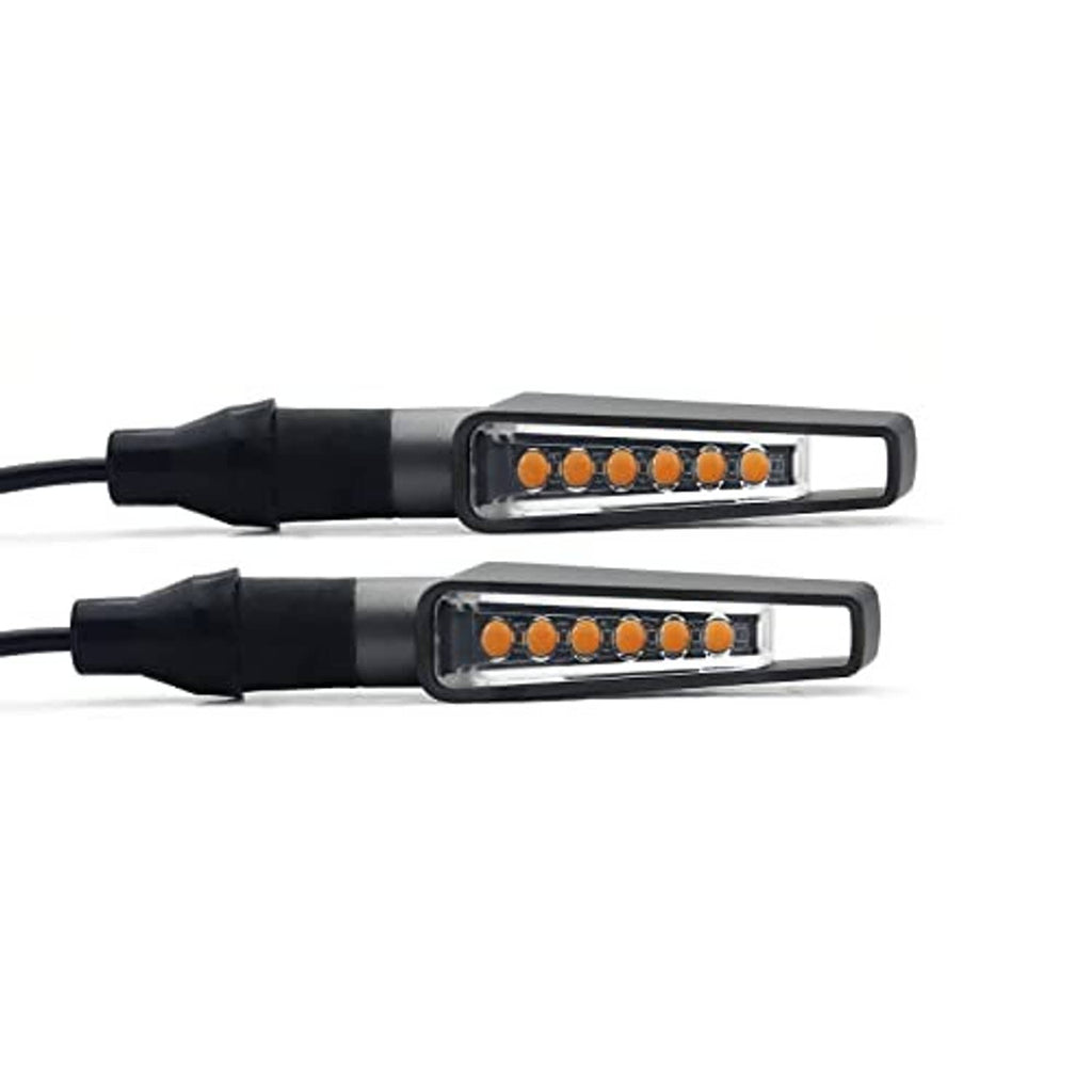 Space grey motorcycle LED turn signal lights, front view of amber LED bar in clear lens