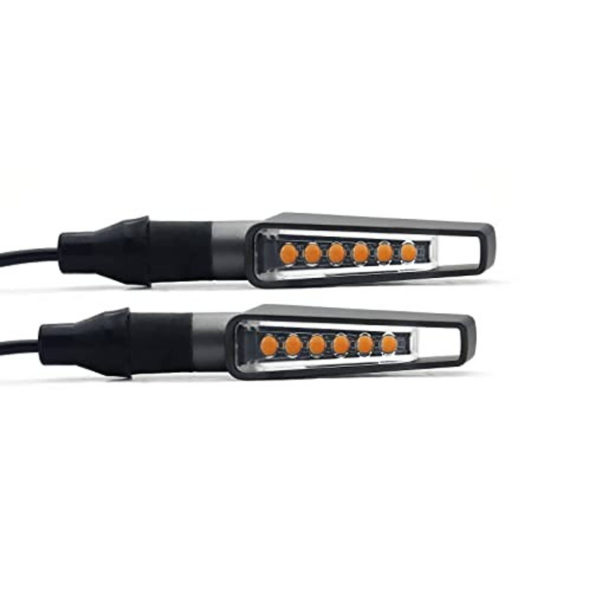 Space grey motorcycle LED turn signal lights, front view of amber LED bar in clear lens