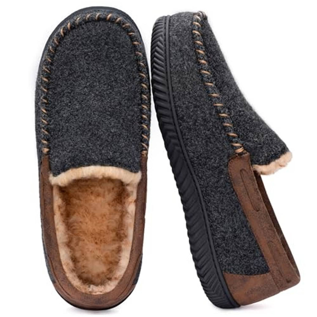 Men's moc slipper side view, dark charcoal knit with brown strap and cushioned sole