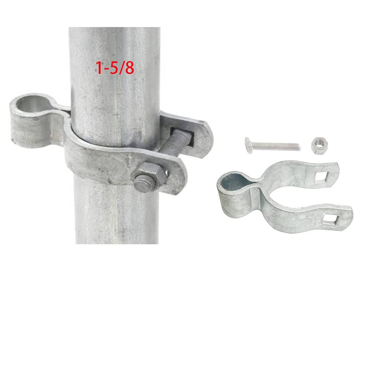 Galvanized gate post hinge clamp for chain link fence post, with screws, 2-pack.