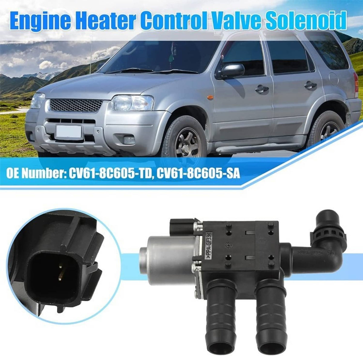 Engine heater control valve solenoid for Ford Escape, silver cylinder with black hoses