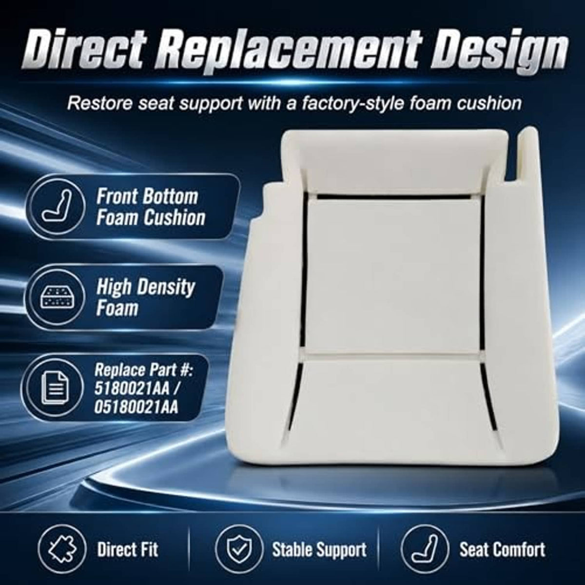 White front bottom seat foam cushion with black framing lines and side tabs