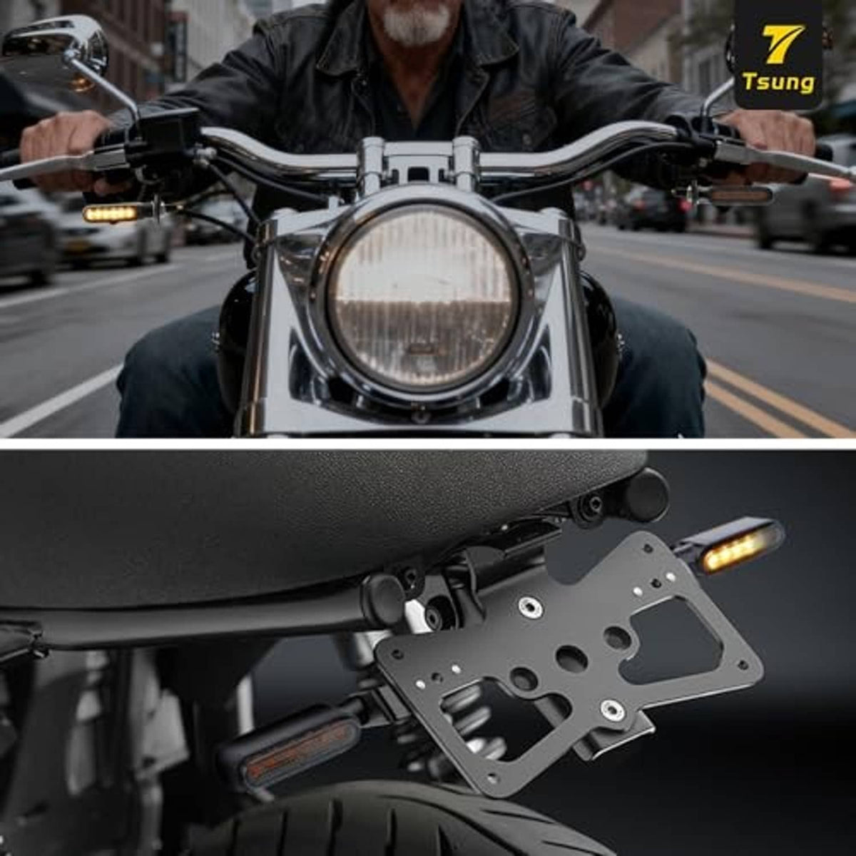 Amber LED turn signal mounted near motorcycle headlight, black housing