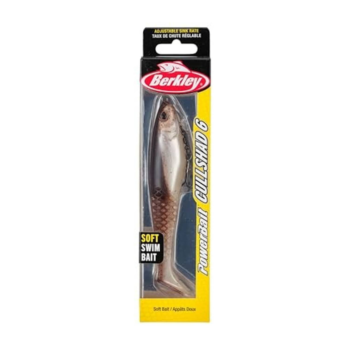 Packaged soft plastic swim bait in green-pumpkin pearl, retail blister