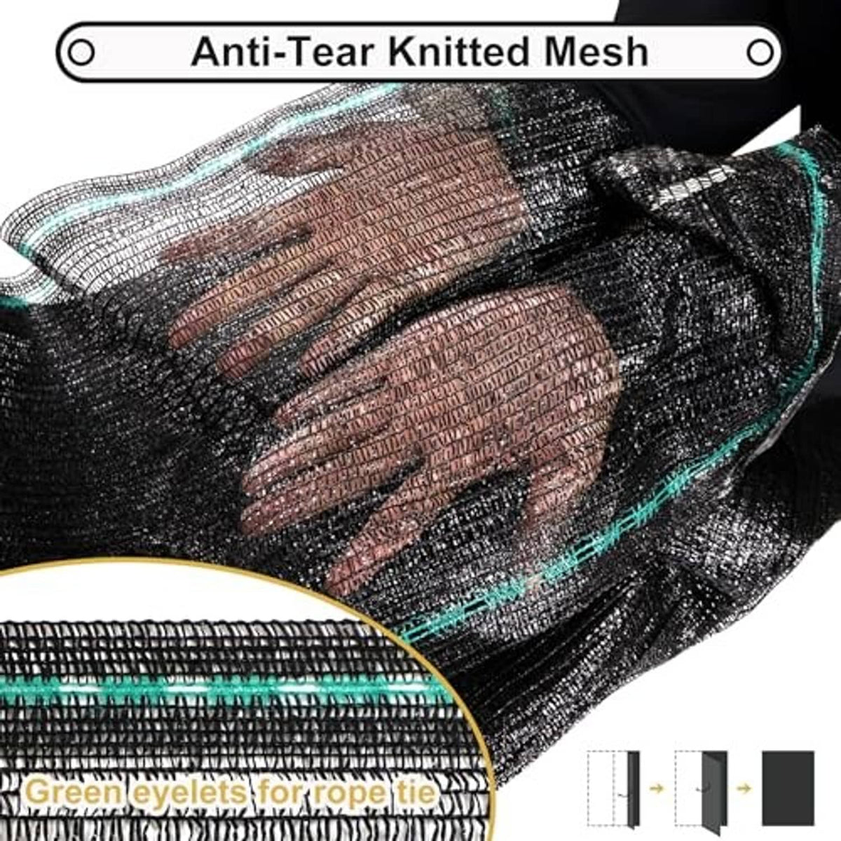 Dark gray anti-tear knitted shade mesh with teal stitched border and woven openings
