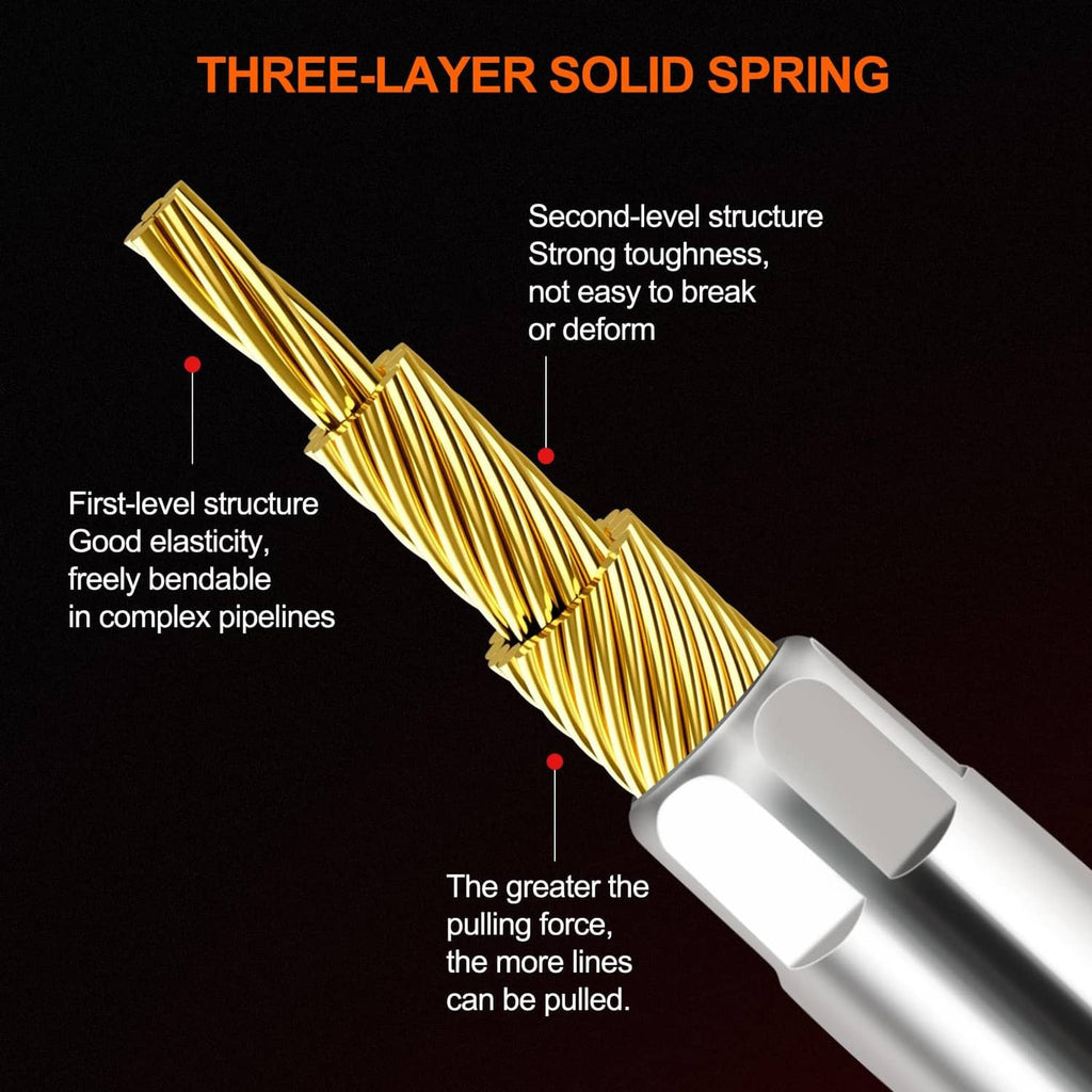 Three-layer solid spring fish tape with silver handle end and tightly wound coil.