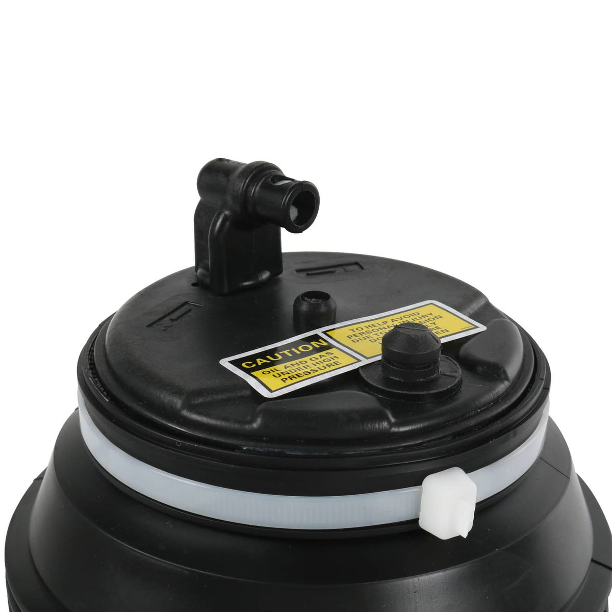Black air spring bag with metal valve nipple and caution label on top