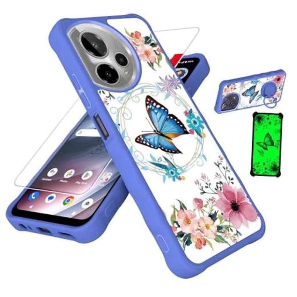 Blue phone case with floral butterfly print and raised edges around dual camera cutouts