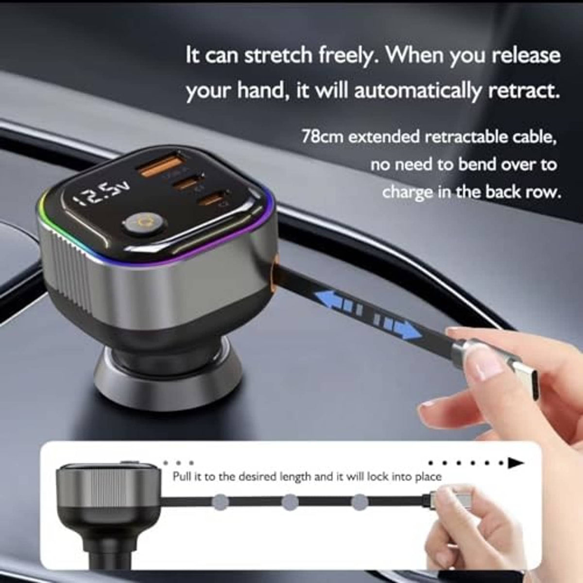 Retractable USB-C car charger with cable extended and USB ports visible