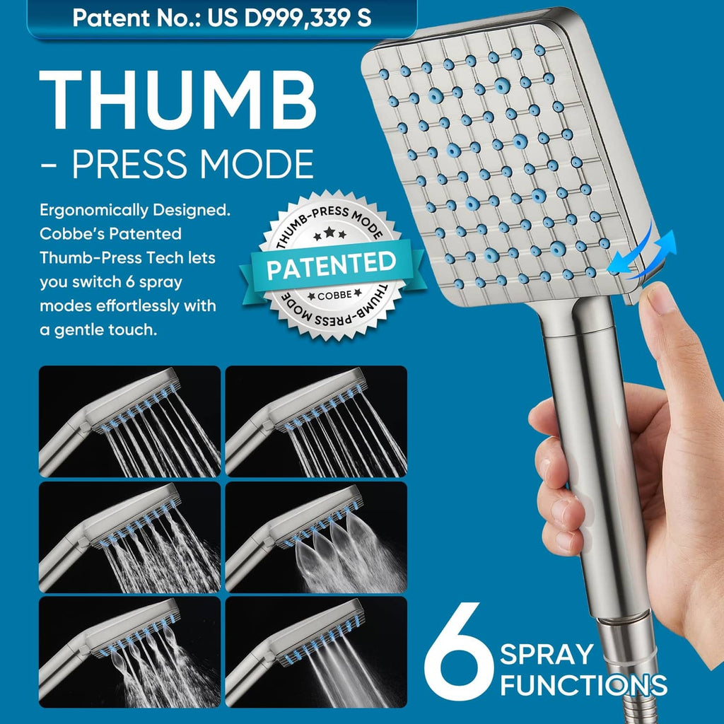 Brushed nickel filtered shower head with thumb-press mode control and 6 spray functions
