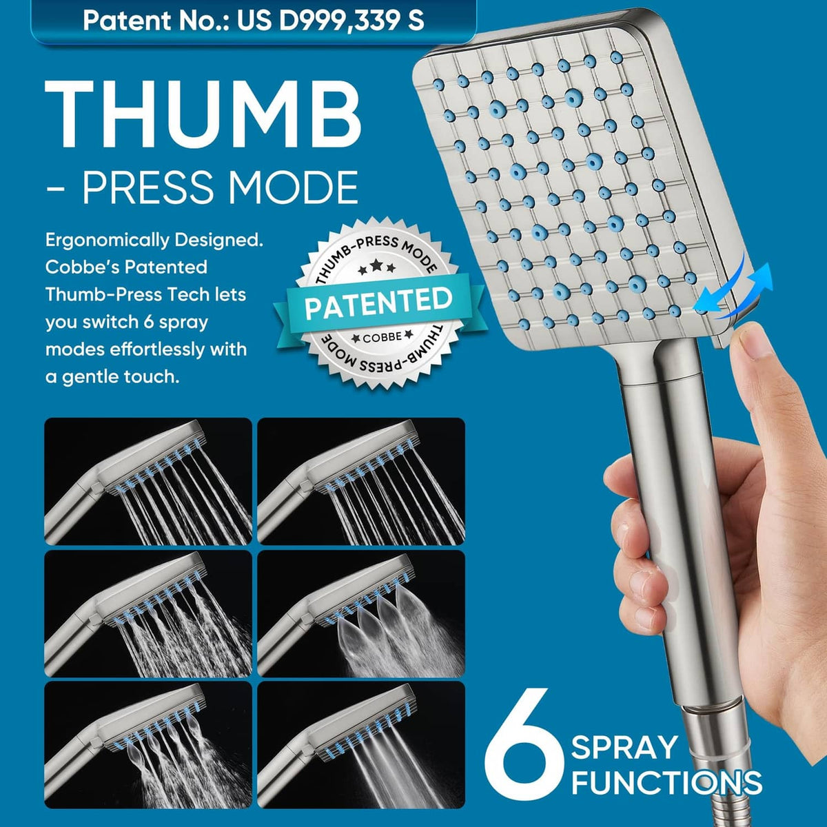 Brushed nickel filtered shower head with thumb-press mode control and 6 spray functions
