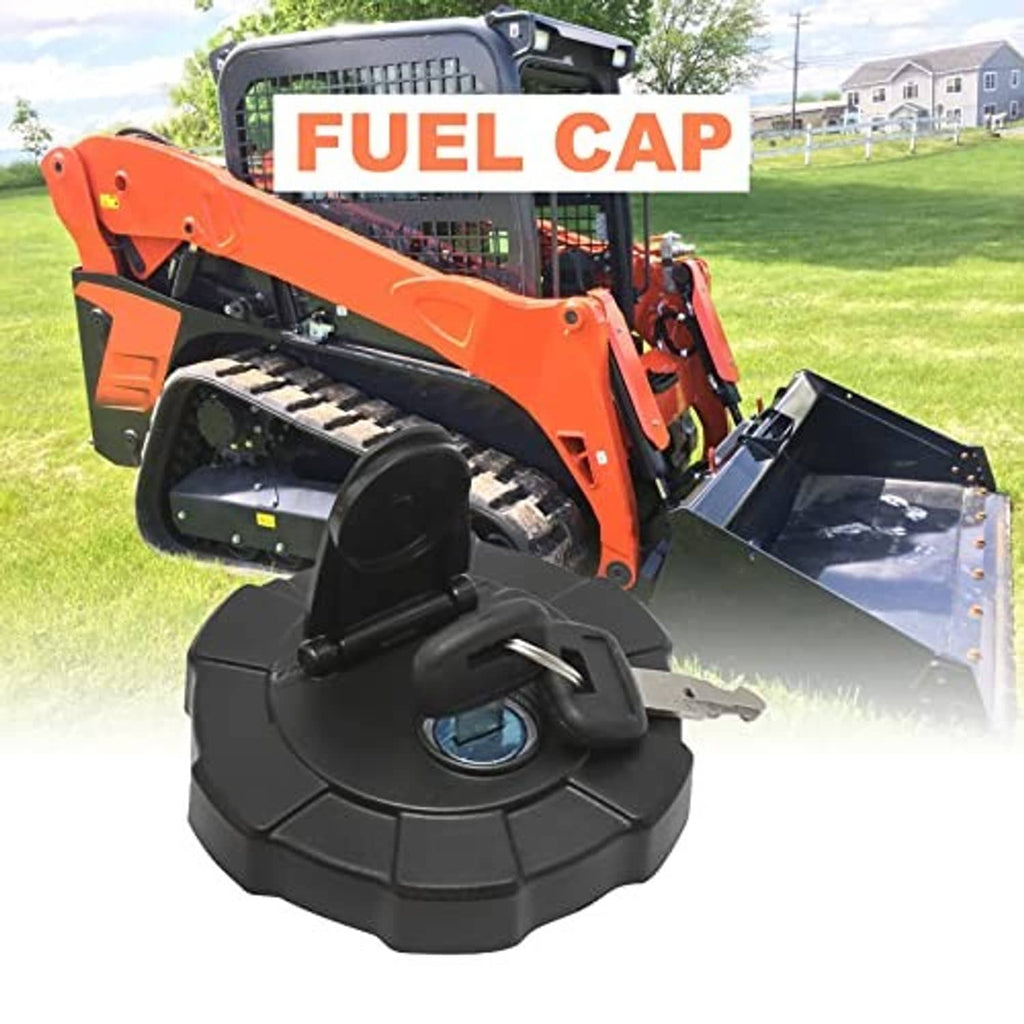 Black fuel cap with blue lock insert on a diesel skid loader