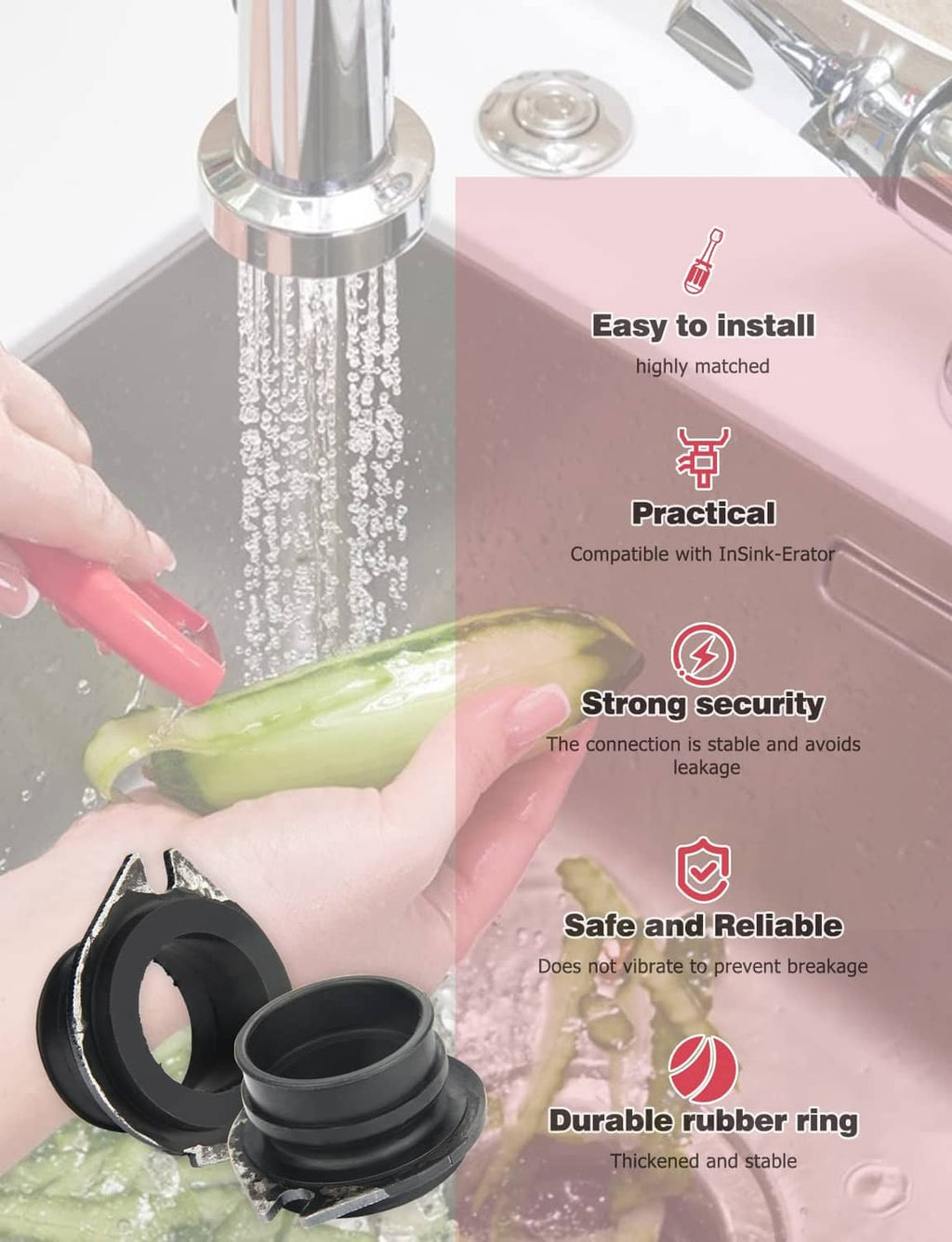 Black rubber flex coupler ring being installed near sink drain flange
