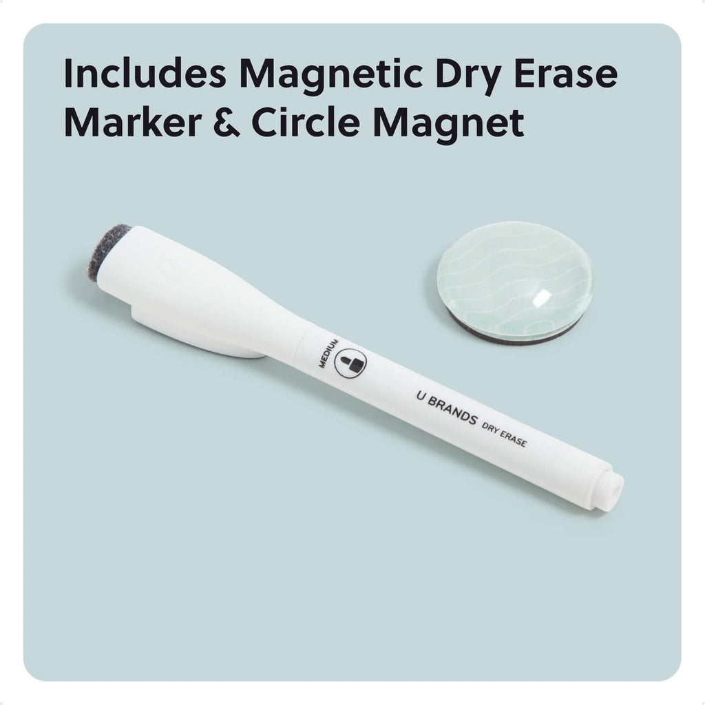 White dry-erase marker and round circle magnet included with sage green magnetic calendar