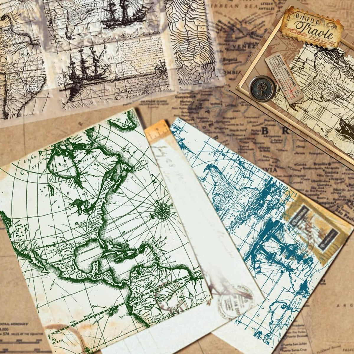 Vintage travel-themed silicone stamps with world map prints in green and blue inks