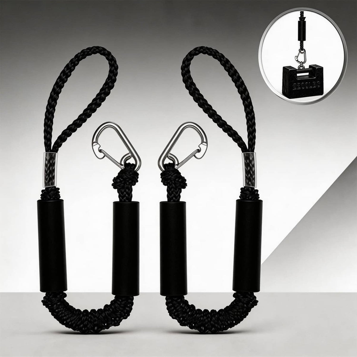 Pair of black bungee dock lines with stainless hooks and black foam sleeves