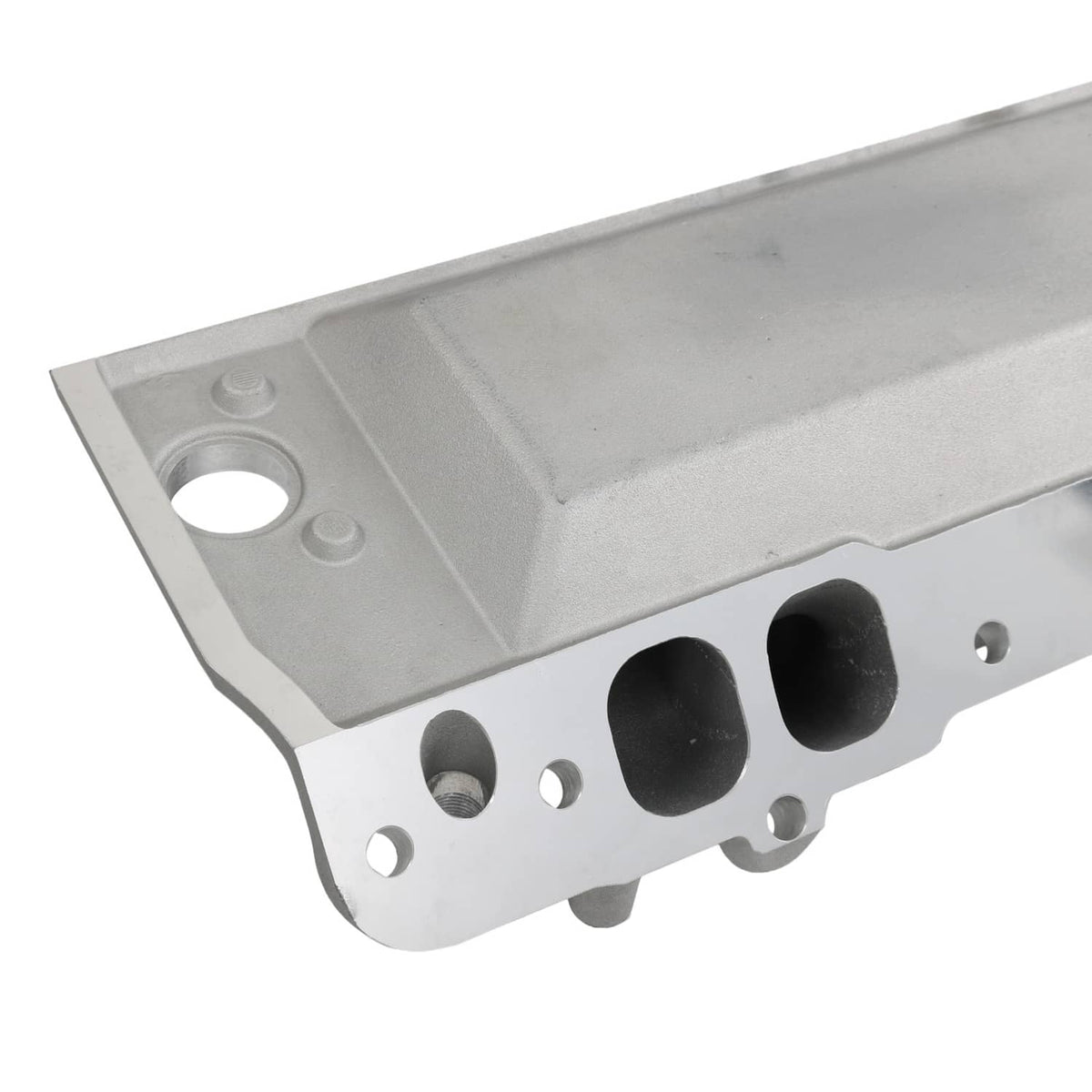 Dual-plane intake manifold end plate with gasket openings and circular bolt holes.