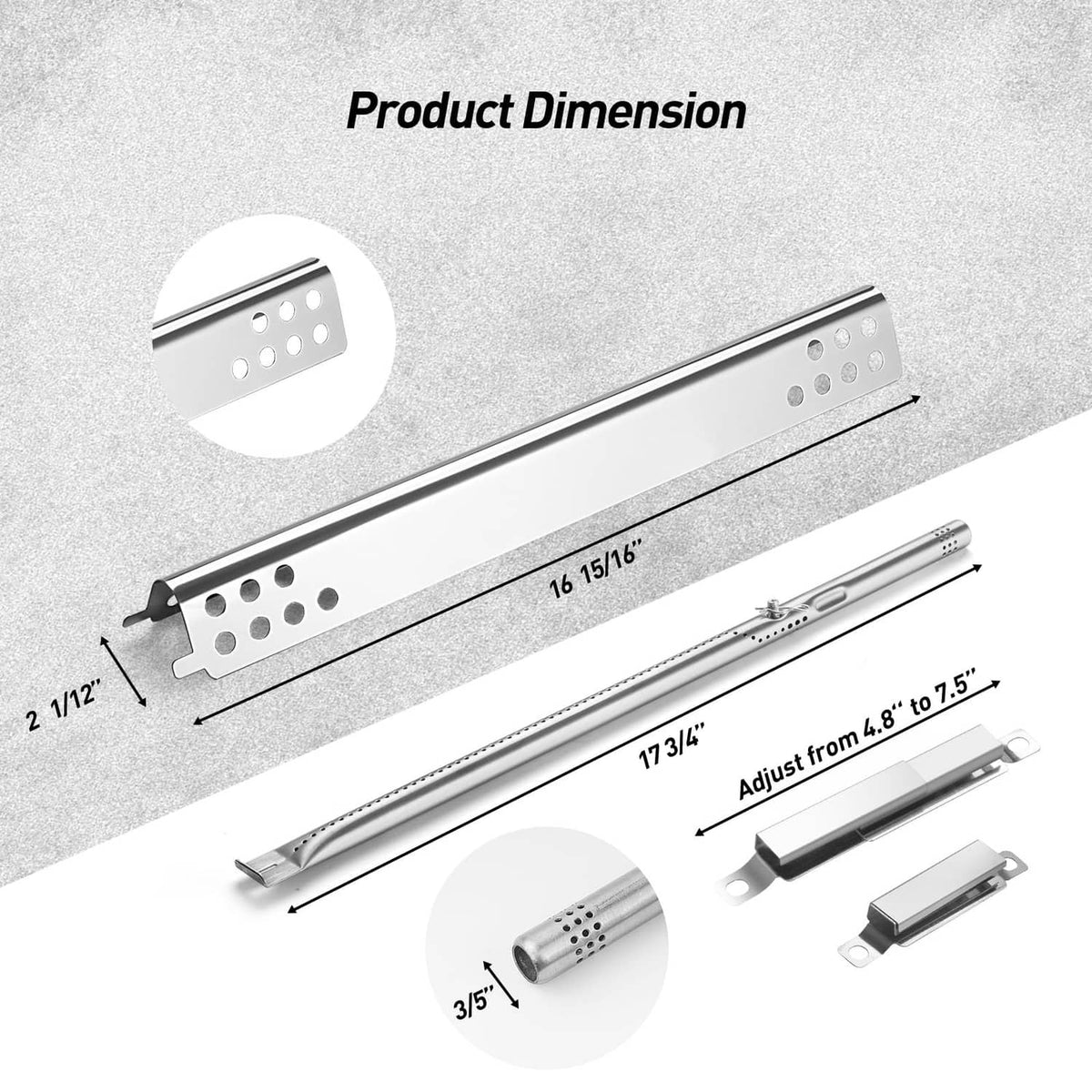 Long stainless steel burner bar with perforations and side mounting pieces