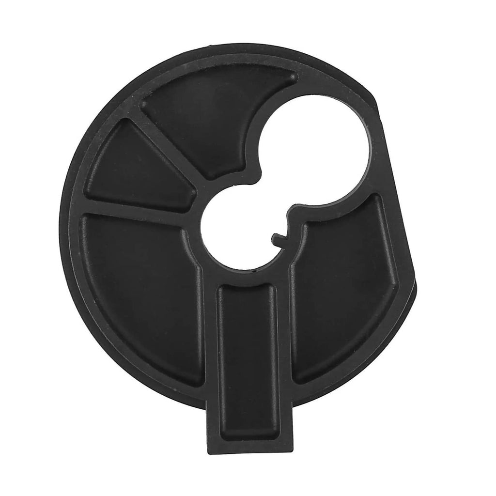Black circular mounting plate with central opening and vertical clip tab