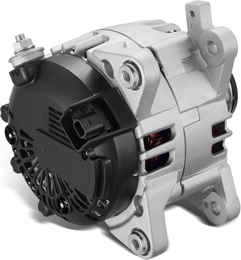 Silver alternator showing side housing, wiring connector, and pulley mount