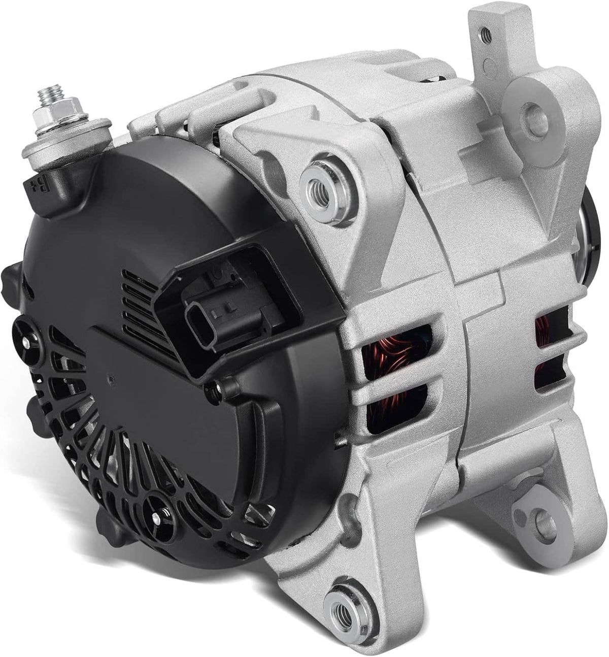 Silver alternator showing side housing, wiring connector, and pulley mount