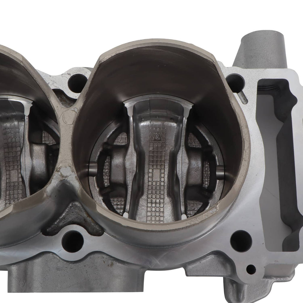 Machined cylinder block with piston assembly and dark piston rings, metal engine housing