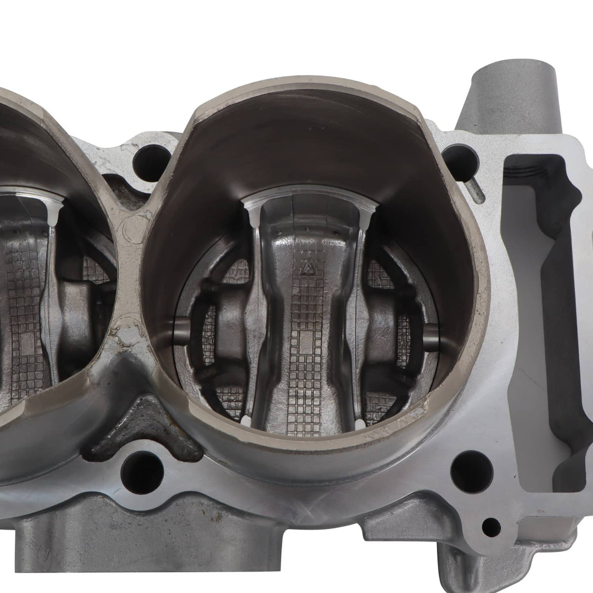 Machined cylinder block with piston assembly and dark piston rings, metal engine housing