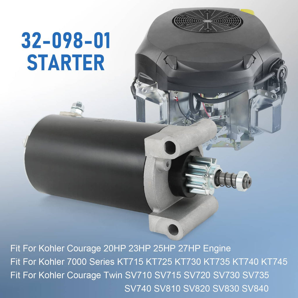 Electric starter motor with black cylinder and exposed drive end on metal bracket