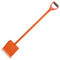 Orange shingle removal tool with D-grip handle and serrated steel blade
