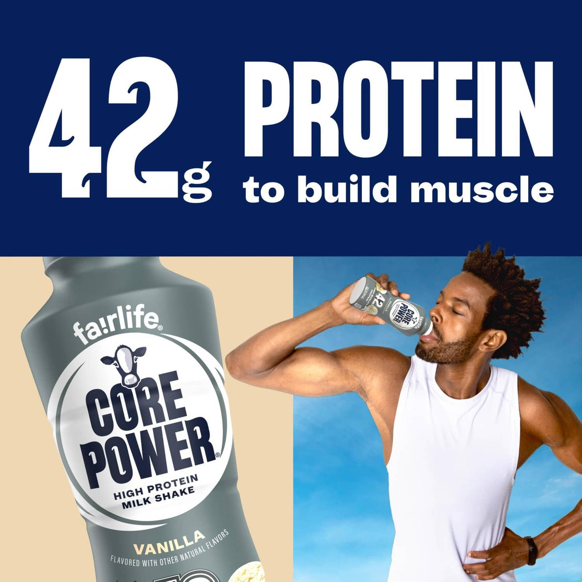 Vanilla protein shake bottle with 42g protein to build muscle graphic