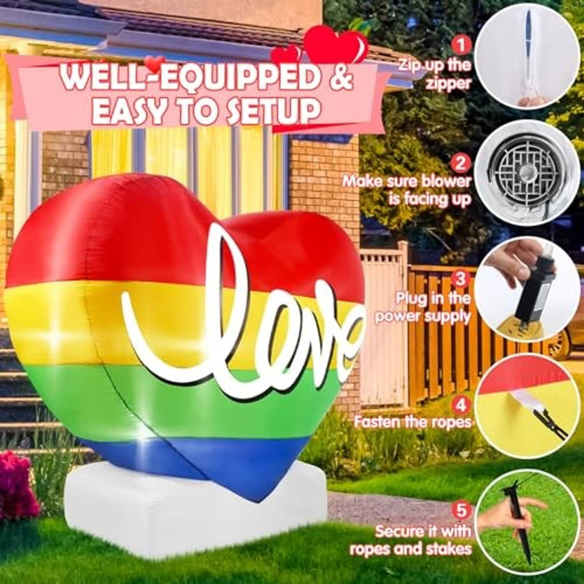 Inflatable Pride rainbow heart with 'Love' script on white base, ready to inflate