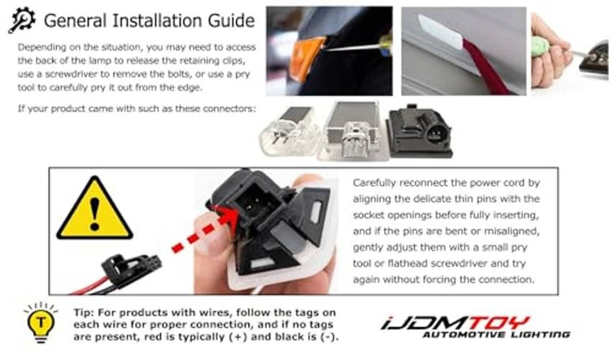 Third brake light installation guide panel showing wiring connector and pin alignment steps