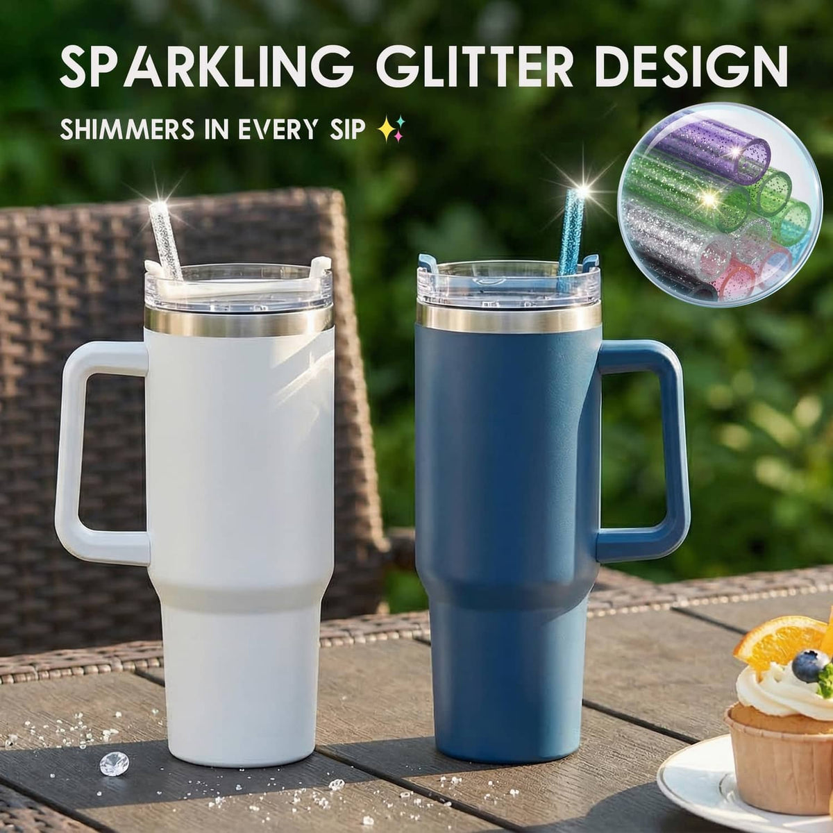 Sparkling glitter replacement straws with clear flower covers for tumblers