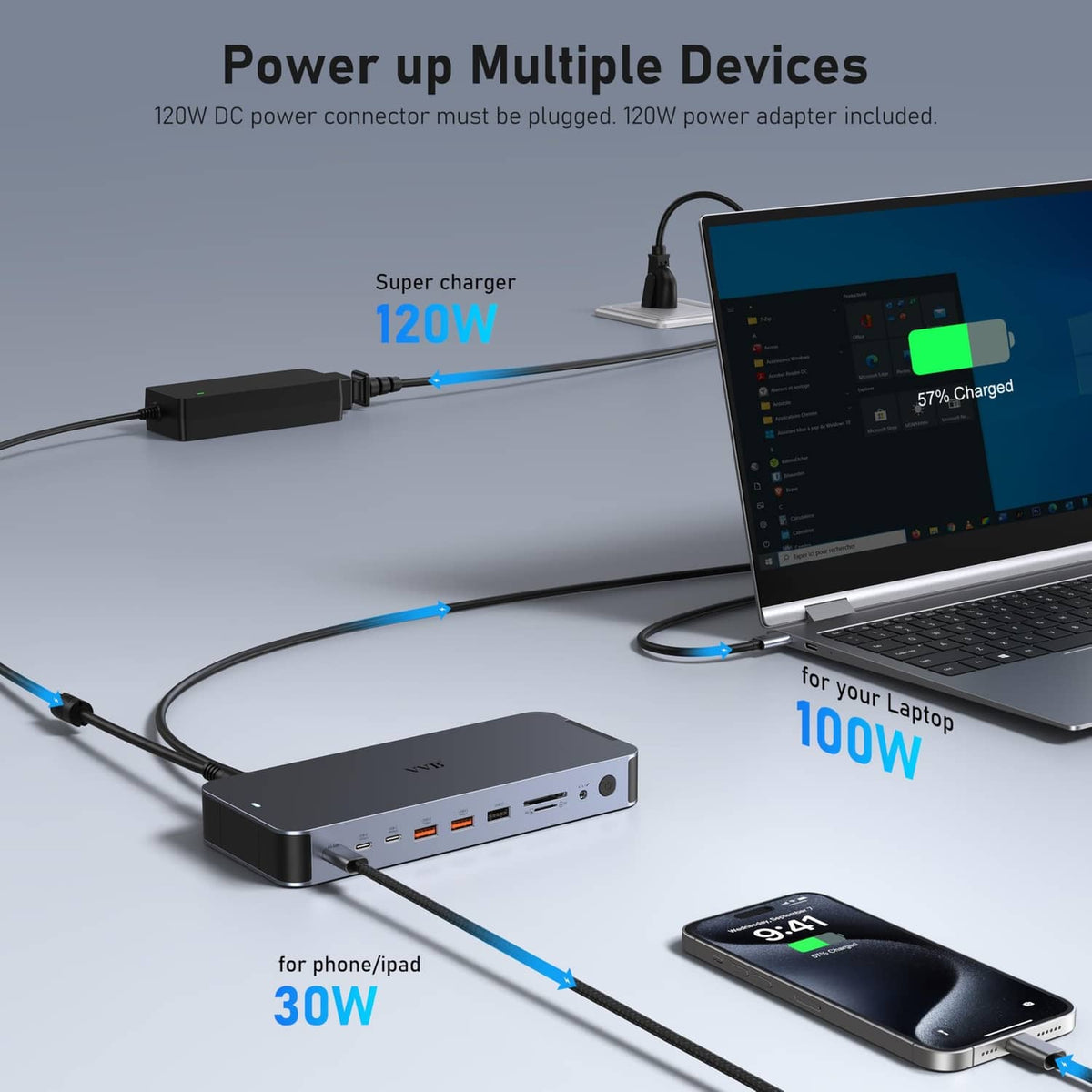 Space gray docking station connected to laptop with DC power and charging ports