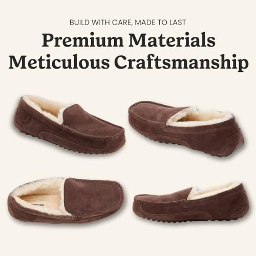 Set of coffee brown shearling moccasin slippers shown in multiple angles