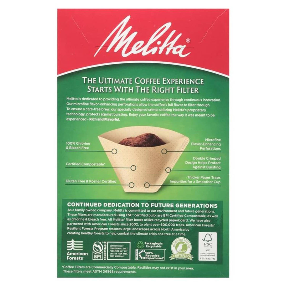 Natural Brown #4 unbleached coffee filters, box back with features and usage notes