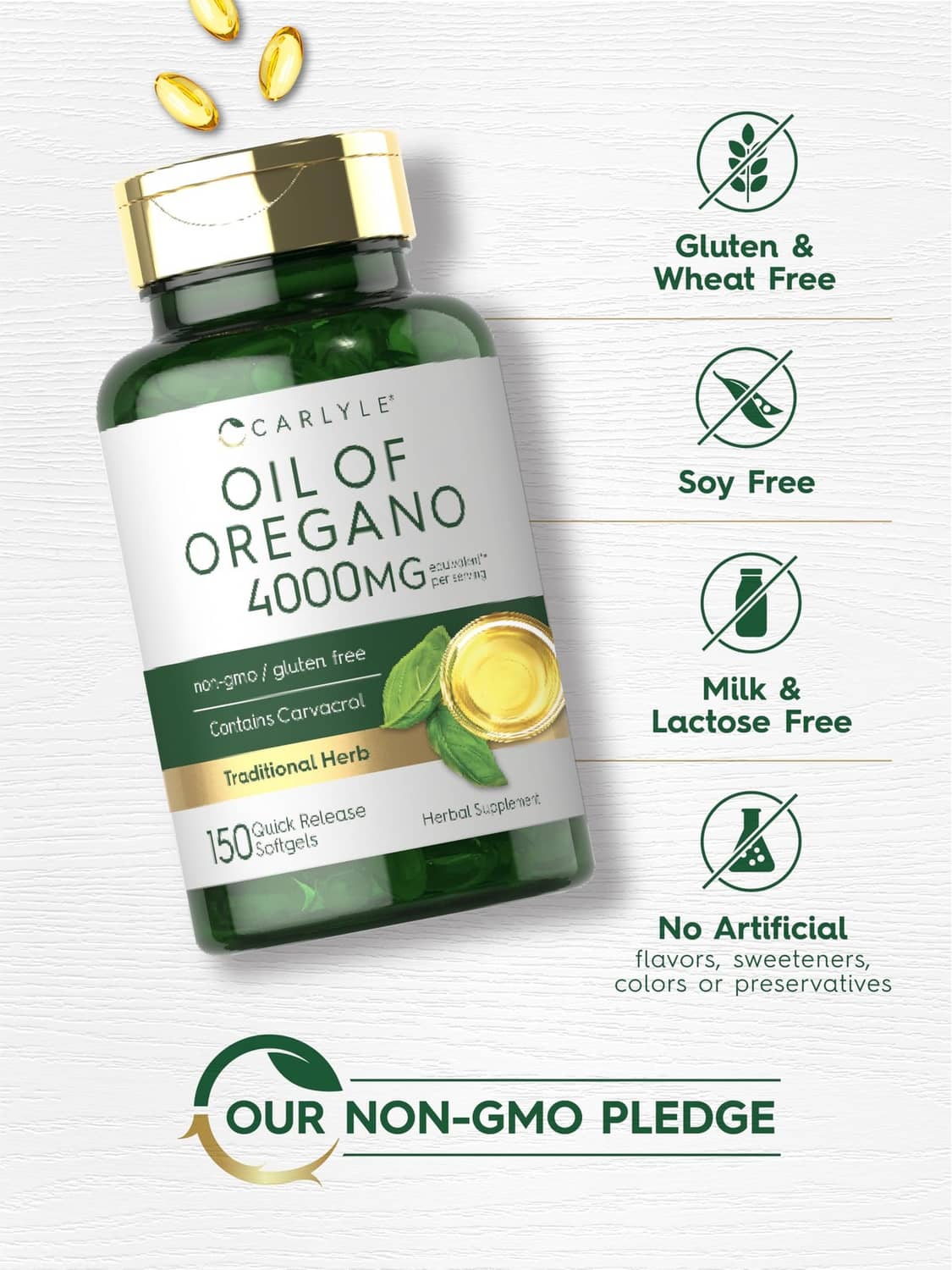Oil of oregano supplement bottle with icons for gluten-free, soy-free, and lactose-free