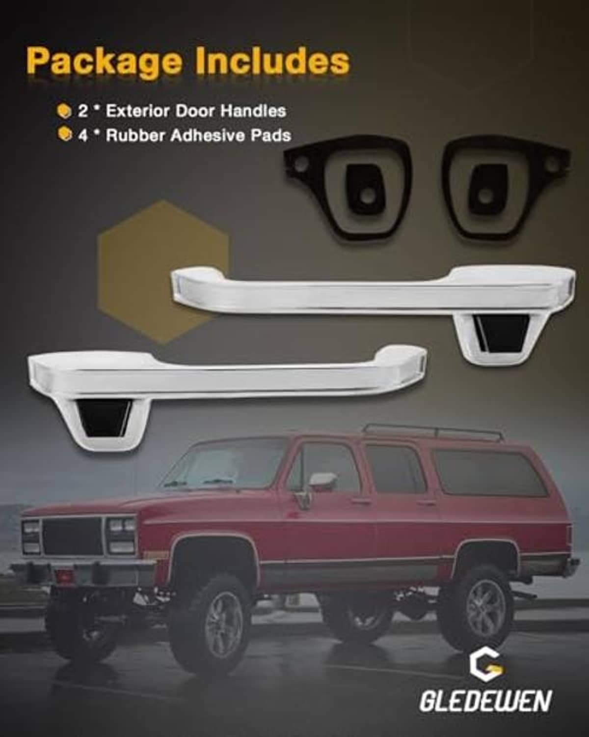 Package includes two chrome exterior door handles and rubber adhesive pads