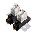 Pair of clear-cased DPDT relays on black base with orange contact blocks and rail