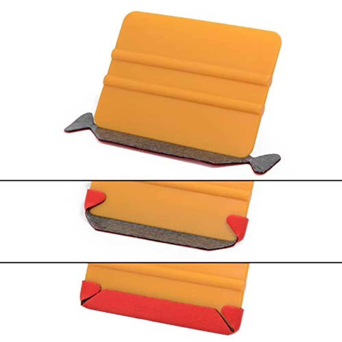 Orange felt buffer tape strip with gray backing and red arrow-shaped end tabs