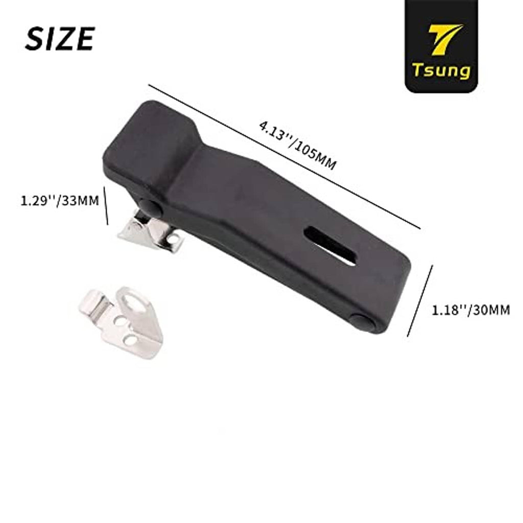 Black over-center latch with mounting clip and oval hole, shown with dimensions